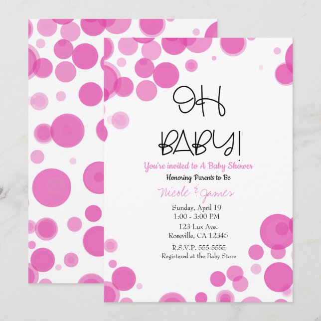 Convites Bolhas de Pontos Rosa e Branco OH BABY Chá de Bebê (Frente/Verso)