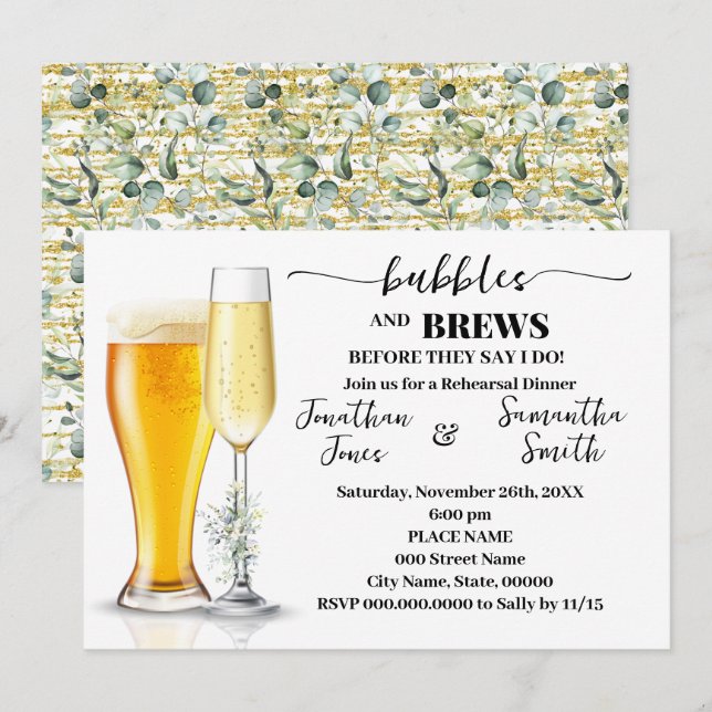 Convites Bolhas e Janto de ensaio Eucalipto e Dourado (Frente/Verso)