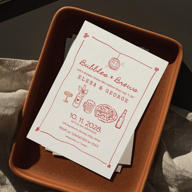 Convites Bolhas e quedas Casais Desenhados para Mão Vermelh (bubbles & brews couple's shower invitation hand drawn informal, funny, quirky, unique aesthetic)