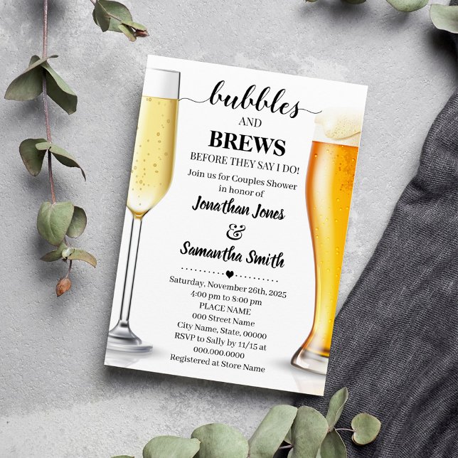 Convites Bolhas e seios antes de fazer chá de casal (Bubbles and Brews before I do Couples Shower Invitation, Champagne and Beers Minimalist Wedding)