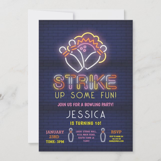 Convites Boliche Invite Festa de aniversário Neon Pink Stri (Frente)