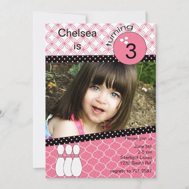 Convites boliche rosa moderno com foto (Frente)