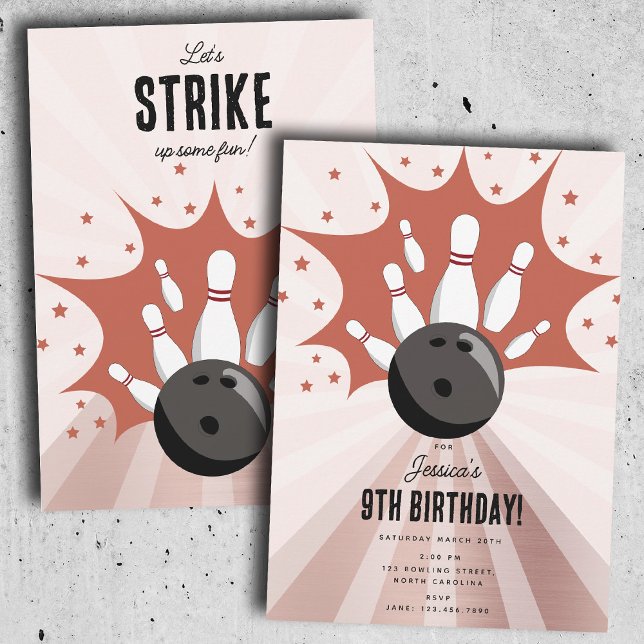 Convites Boliches Atacam Uma Rosa Dourada De Aniversário Di (Bowling Strike Up Some Fun Birthday Rose Gold Girl Invitation)