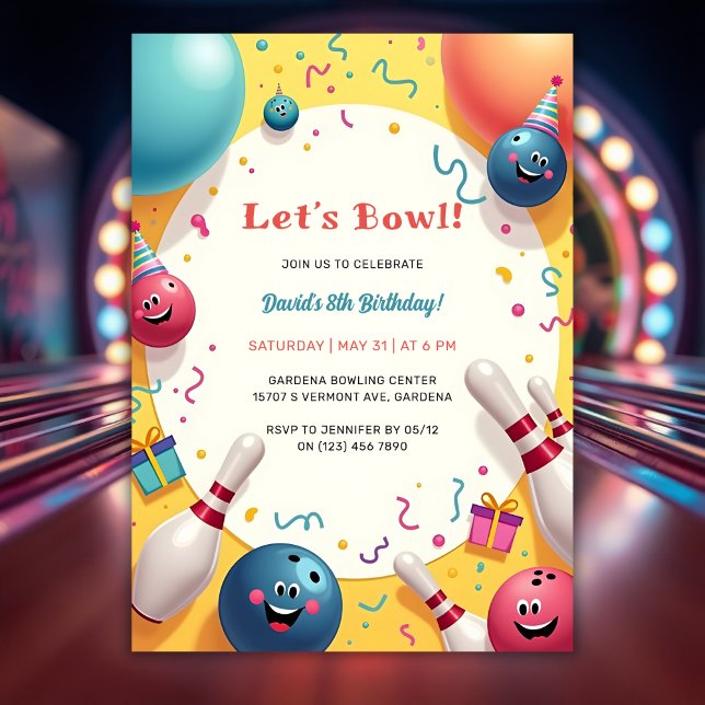 Convites Boliches para crianças festivas, Festa de aniversá (Festive Kids Bowling Themed Birthday Party Invitation)