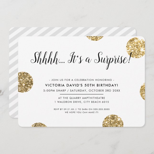 Convites BOLINHAS de na moda de ouro do PARTIDO SURPRISE (Frente/Verso)