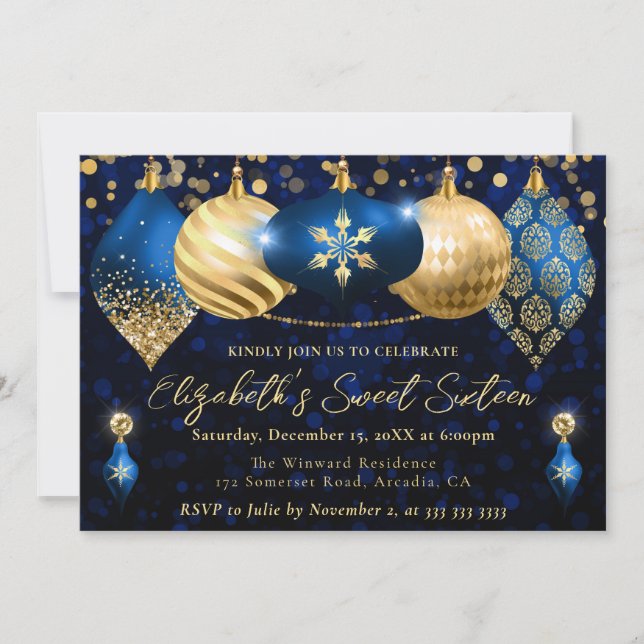 Convites Bolinhas de Natal Azuis e Douradas Sweet 16 (Frente)