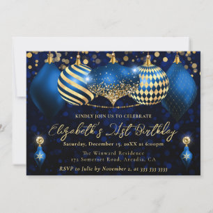 Convites Bolinhas de Natal Azul e Dourado Aniversário de 21