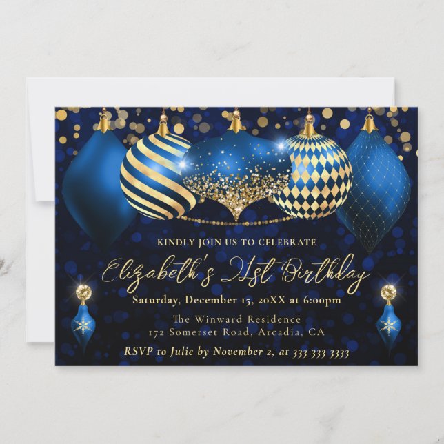 Convites Bolinhas de Natal Azul e Dourado Aniversário de 21 (Frente)