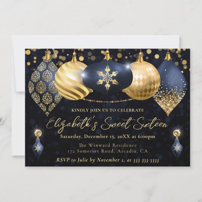 Convites Bolinhas de Natal Azul-Marinho e Dourado Sweet 16 (Frente)