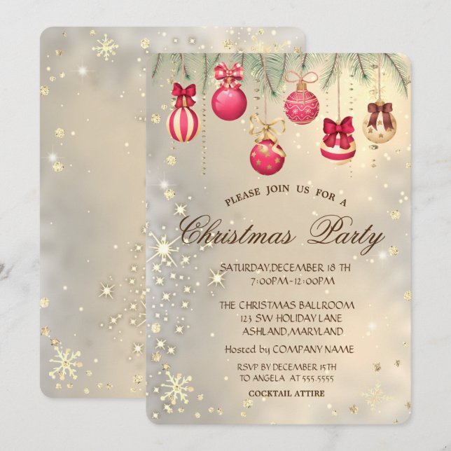 Convites Bolinhas de Natal, Galhos de Pinheiro Dourado de N (Frente/Verso)