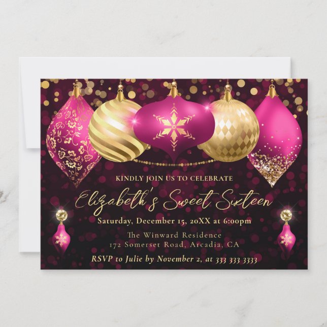 Convites Bolinhas de Natal Rosa e Dourado Doce 16 (Frente)
