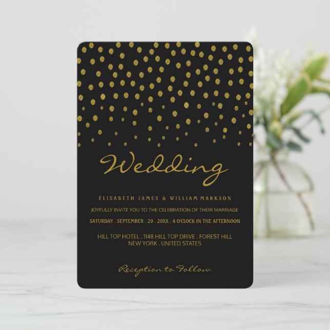 Convites Bolinhas Dourada - Preto e Dourado - Casamento (Em pé/Frente)