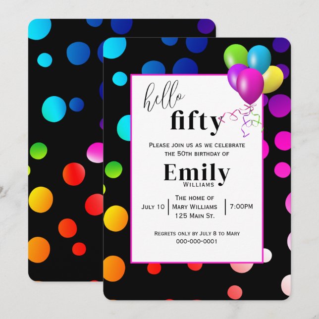 Convites Bolinhas neon para a 50ª Festa de aniversário (Frente/Verso)