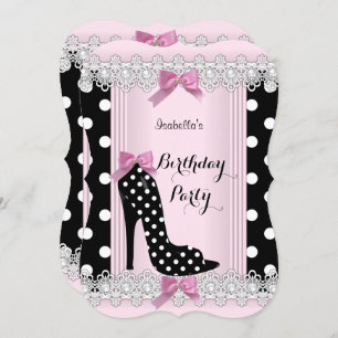 Convites Bolinhas pretas cor-de-rosa Festa de aniversário d