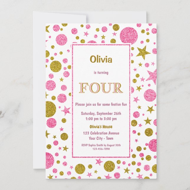 Convites Bolinhas rosa 4ª festa de aniversário (Frente)