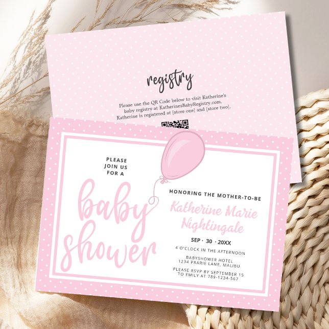 Convites Bolinhas rosa Chá de fraldas BoHO Código QR (Pastel Pink Polka Dot Baby Shower Invitation with balloon, QR code, registry.)