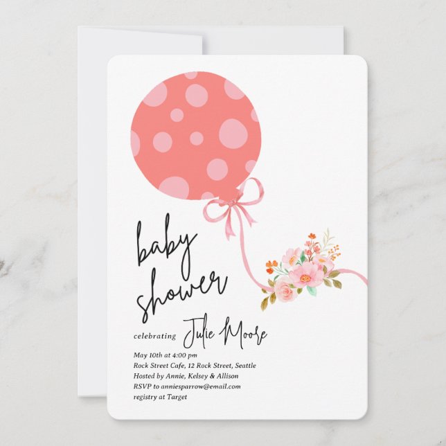 Convites Bolinhas rosa Chá de fraldas das flores do balão (Frente)