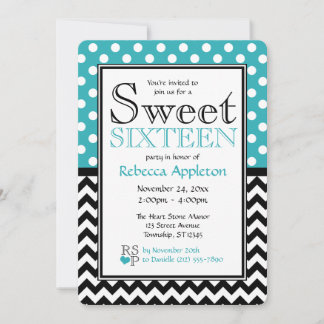 Convites Bolinhas Turquoise & Chevron Sweet 16
