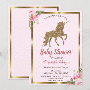 Convites Bolinhas Unicórnio Douradas, Chá de fraldas Flor