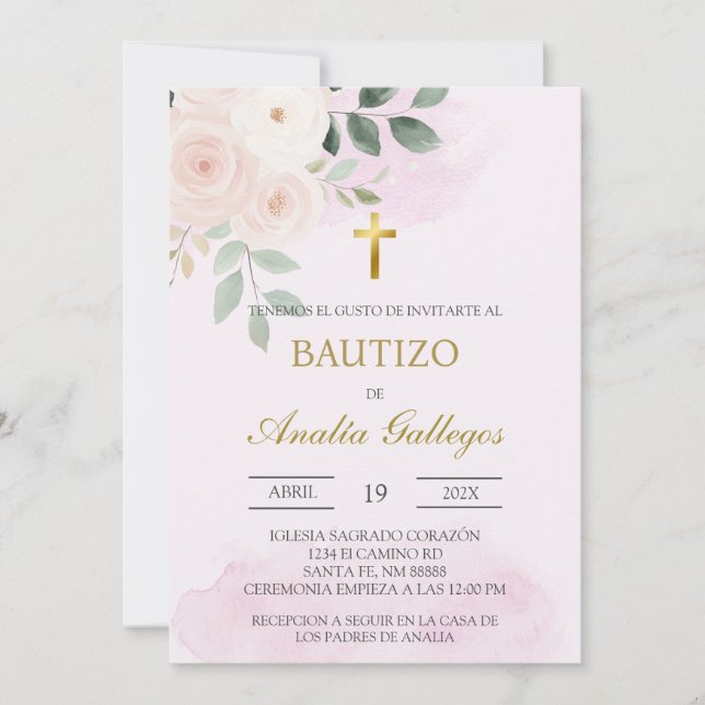 Convites Bolinho de Batismo espanhol, cor-de-rosa-poeirento (Frente)