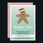 Convites Bolinho de Natal do Gingerbird Troca de Cookies<br><div class="desc">Este convite de troca de biscoitos de Natal mostra um homem giro vestindo um chapéu de Papai Noel. O fundo é um metal macio com pontos de confete brancos para parecer como neve caindo.</div>