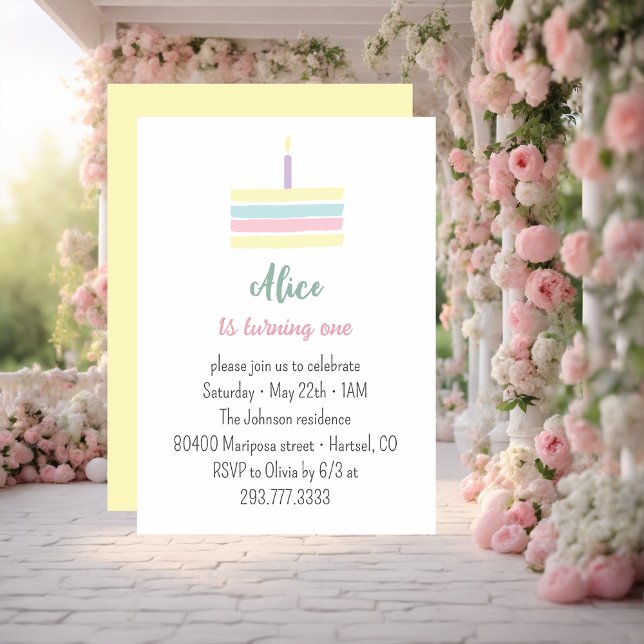 Convites Bolo amarelo colorido pastel festa de 1º aniversár (Criador carregado)