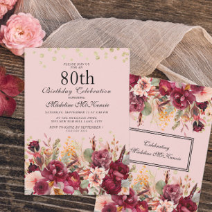 Convites Bolo Aniversário 80 Rosa Borgonha Floral Dourado B