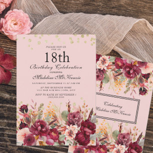 Convites Bolo Aniversário de 18 Anos Rosa Borgonha Floral D