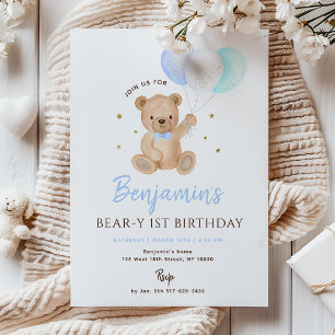 Convites Bolo Aniversário Menino Urso Teddy Azul Balão