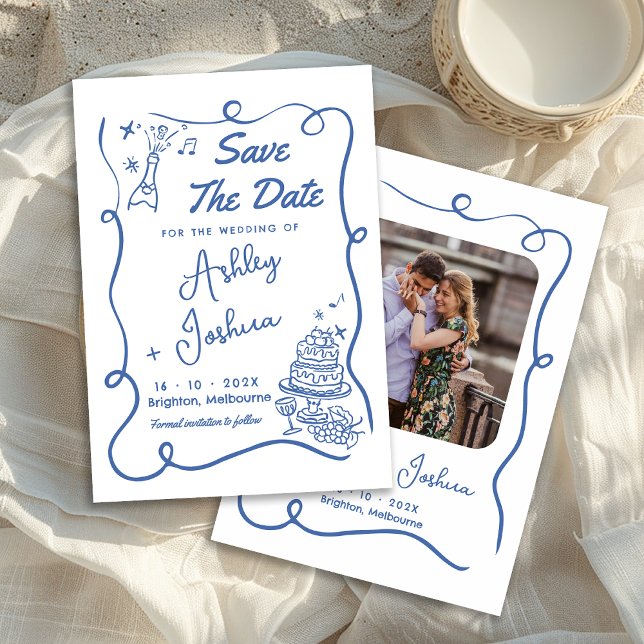 Convites Bolo Azul Whimsical Desenhado Mão Salve A Ficha De (Whimsical Blue Hand Drawn Wedding Save The Date Card, Trendy Blue Line Save The Date Card With Photo)