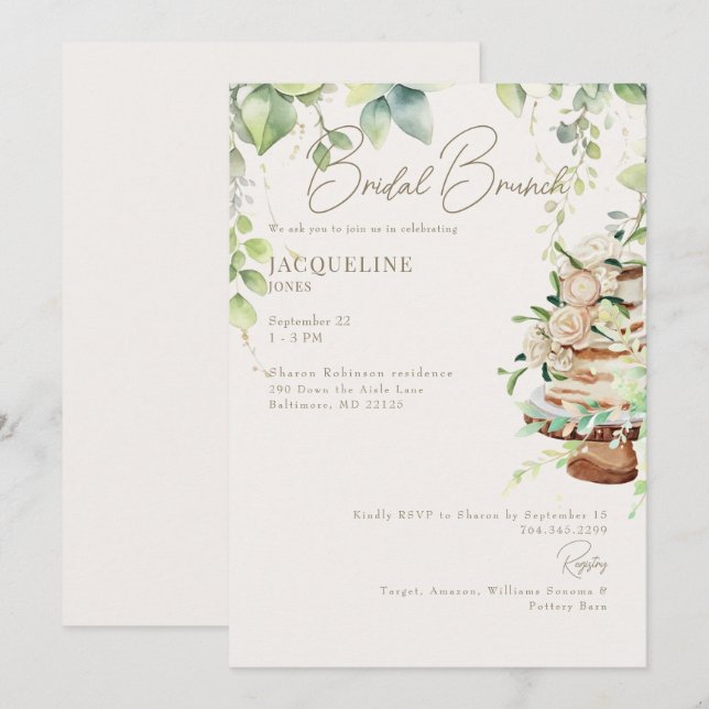 Convites Bolo Botânico Brunch Nupcial (Frente/Verso)