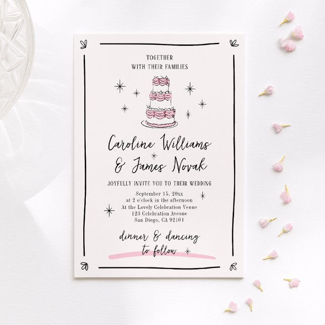 Convites Bolo branco rosa e scrip desenhado à mão (Criador carregado)