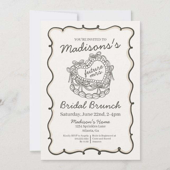 Convites Bolo Coquette Coração Retro Bege Brunch Nupcial (Frente)