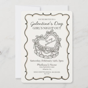 Convites Bolo Coquette Coração Retro Laço Bege Galentine