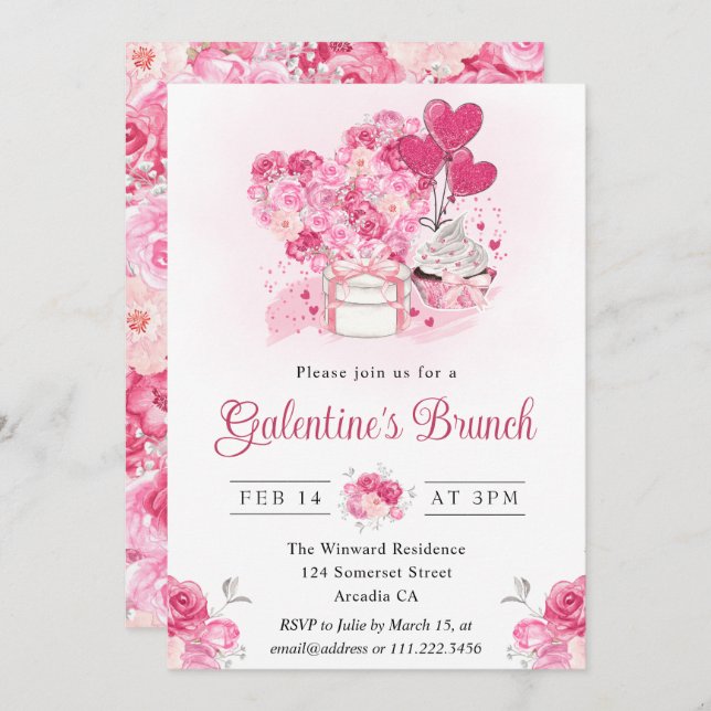 Convites Bolo d'água e presentes Galentine Brunch (Frente/Verso)