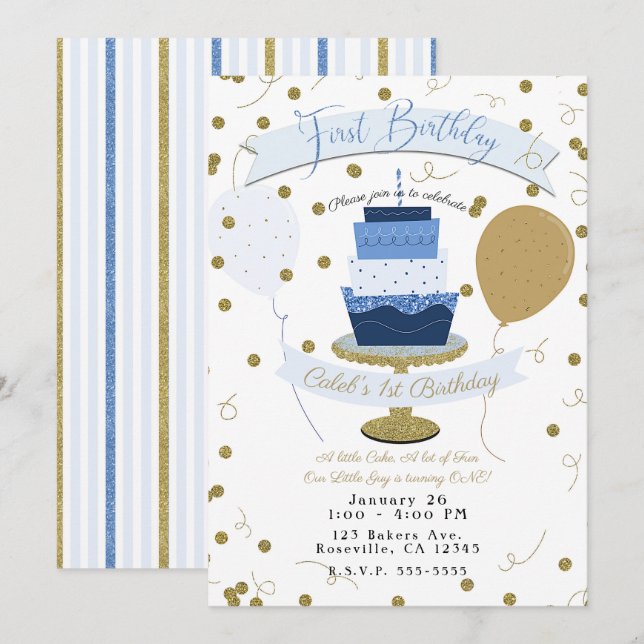 Convites Bolo de 1º Aniversário Blue & Gold Sugar is Sweet (Frente/Verso)