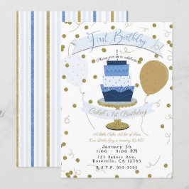 Convites Bolo de 1º Aniversário Blue & Gold Sugar is Sweet