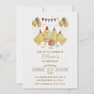 Convites Bolo de 1º Aniversário Galinhas em Aquarela Neutro