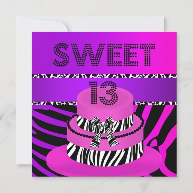 Convites Bolo de 13 anos de idade zebra roxo rosa doce (Frente)
