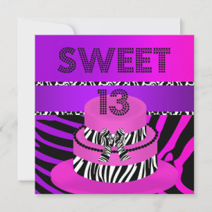 Convites Bolo de 13 anos de idade zebra roxo rosa doce