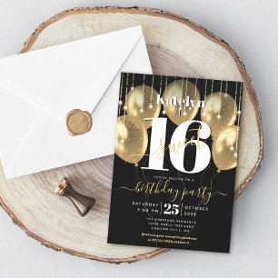 Convites Bolo de 16 Aniversário Garota Glamour Balão Dourad