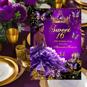Convites Bolo de 16 anos roxo Dourado Vestido Borboleta