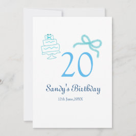 Convites Bolo de 20º aniversário com laço azul nome data pa