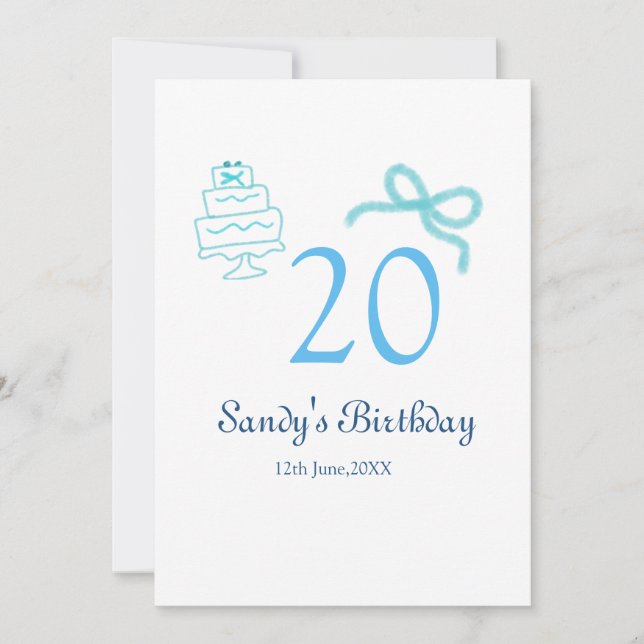 Convites Bolo de 20º aniversário com laço azul nome data pa (Frente)