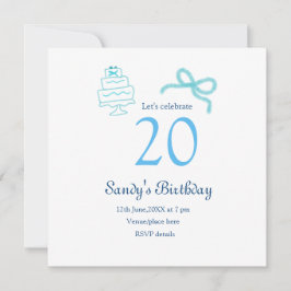 Convites Bolo de 20º aniversário com laço azul nome data pa