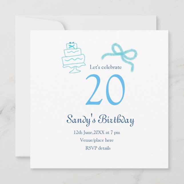 Convites Bolo de 20º aniversário com laço azul nome data pa (Frente)