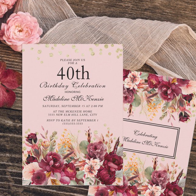 Convites Bolo de 40 anos em floral burgundy rosa com brilho (Criador carregado)
