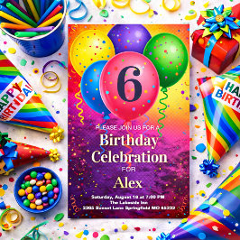 Convites Bolo de Aniversário Balão Arco-íris Confete Festa