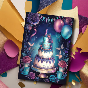 Convites Bolo de Aniversário com Balões de Aquarela Azul-Ma