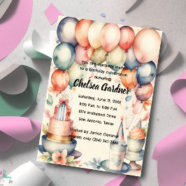 Convites Bolo de Aniversário com Balões de Aquarela Comida